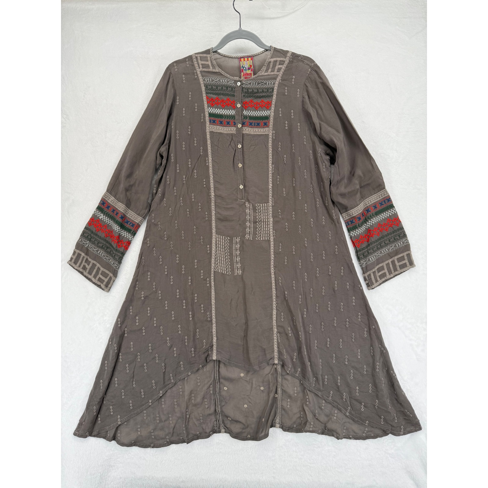 Johnny Was Embroidered Eyelet Tunic Dress High Low Hem Brown Size L